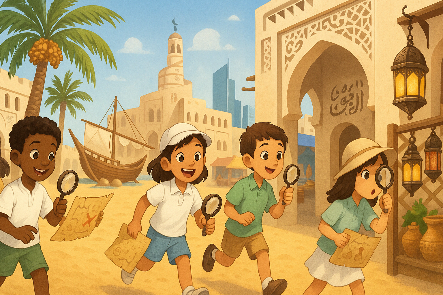 Create an image of kids in Qatar scavenger hunting.